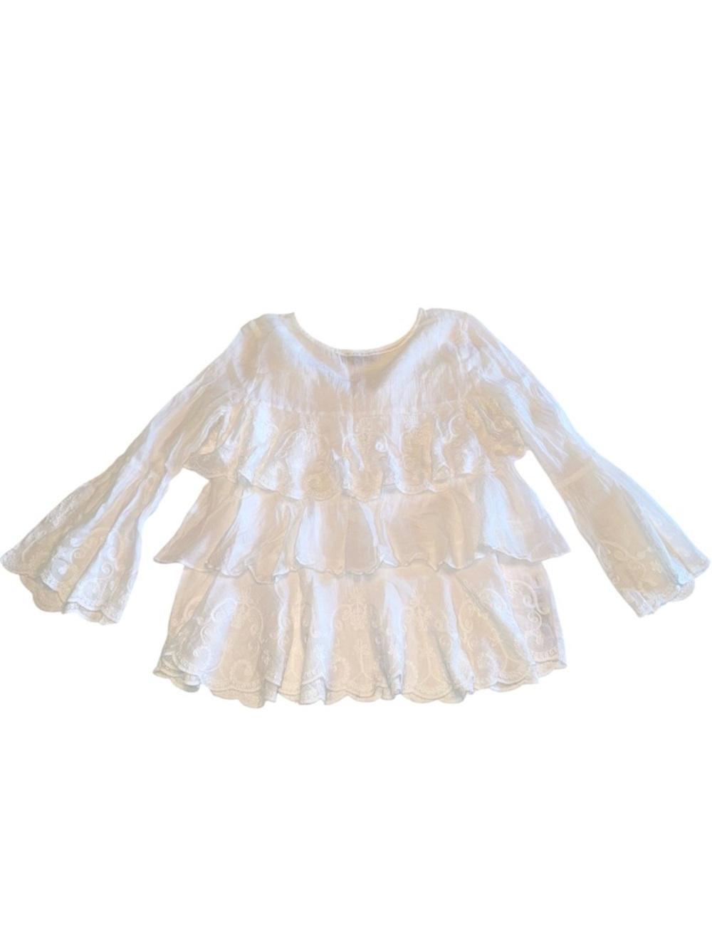 OndadeMar White Embroidered Cotton Blouse Size S Boho Tiered Ruffle Top Sheer